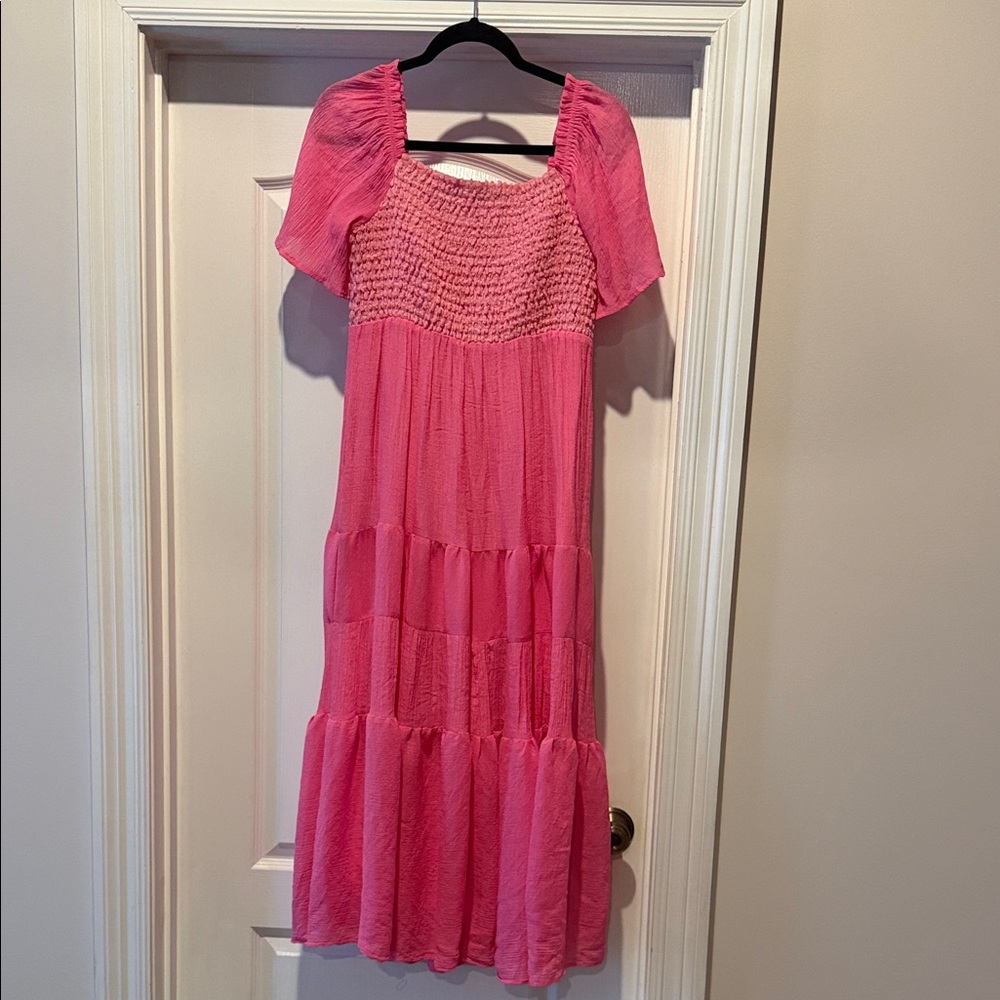 DAVI & DANI Pink Smocked Midi Dress